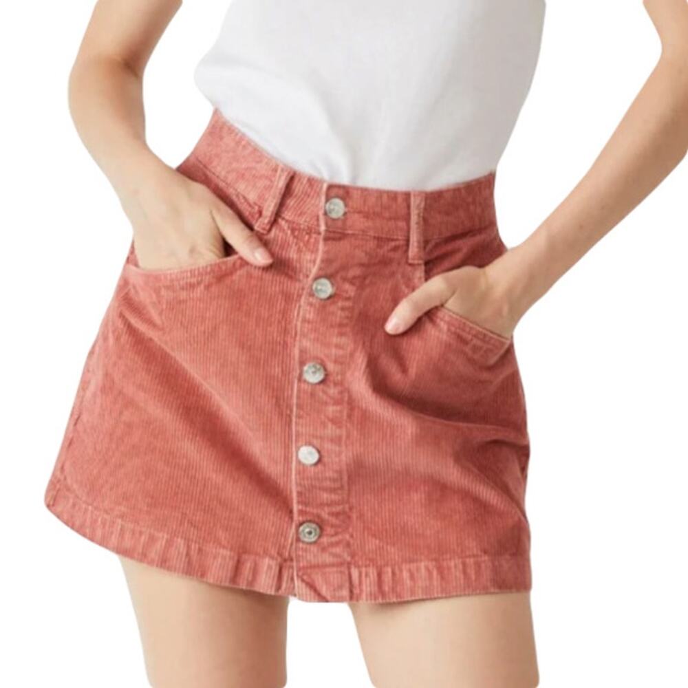 NWT New FREE PEOPLE Skirt 12 Brown Corduroy A-Line Button-Up Pocket Mini Knee